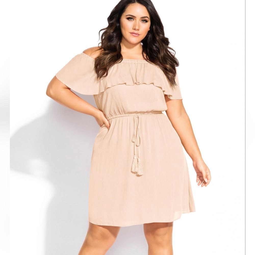 City Chic Sun Kissed Off Shoulder Ruffle Mini Dress in Peach Size 18 NWT